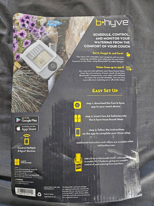 Orbit B-hyve XD 24511 packaging back showing Bluetooth, battery and separate hub information