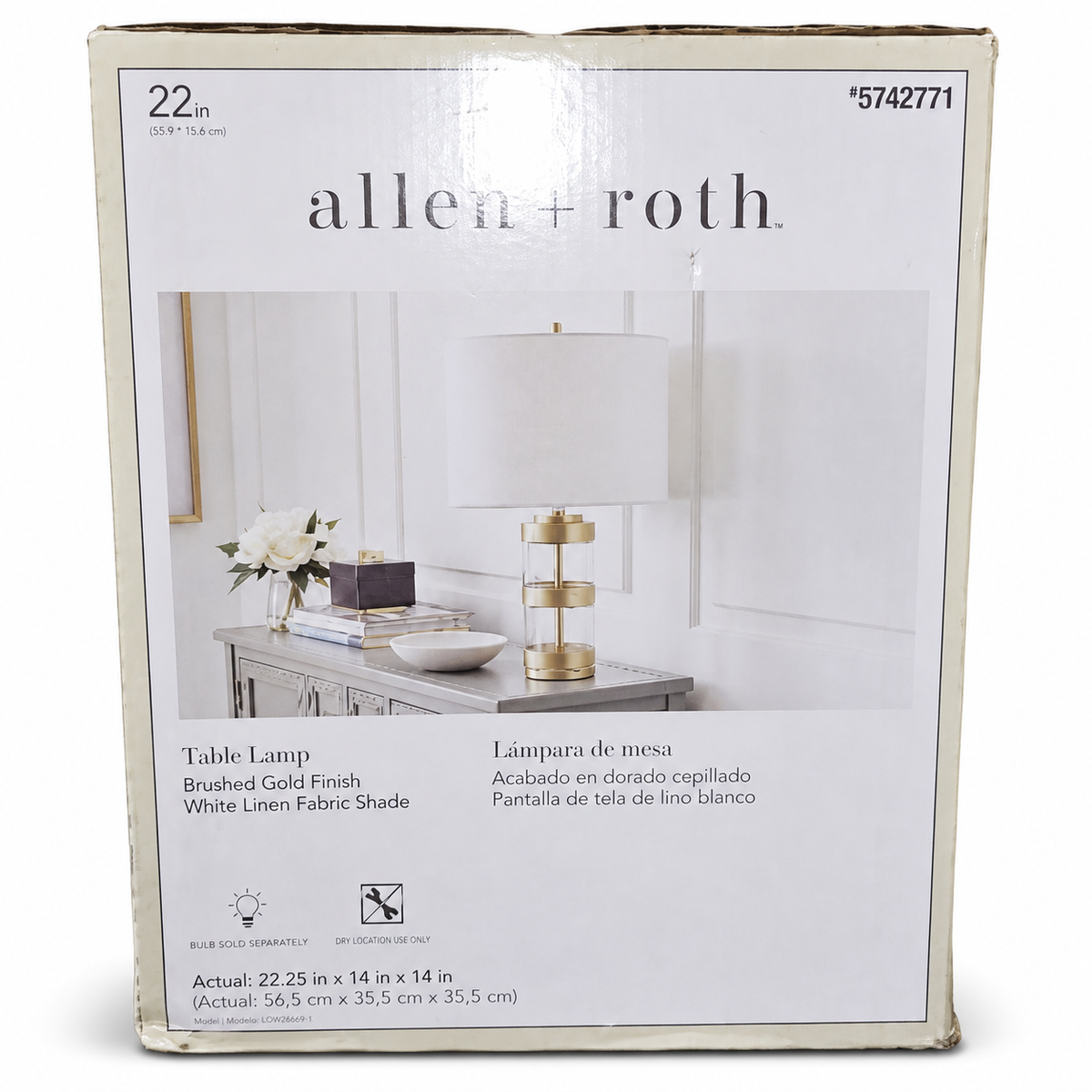 Allen and Roth LOW26669-1 gold and clear acrylic table lamp retail box with visible warehouse wear