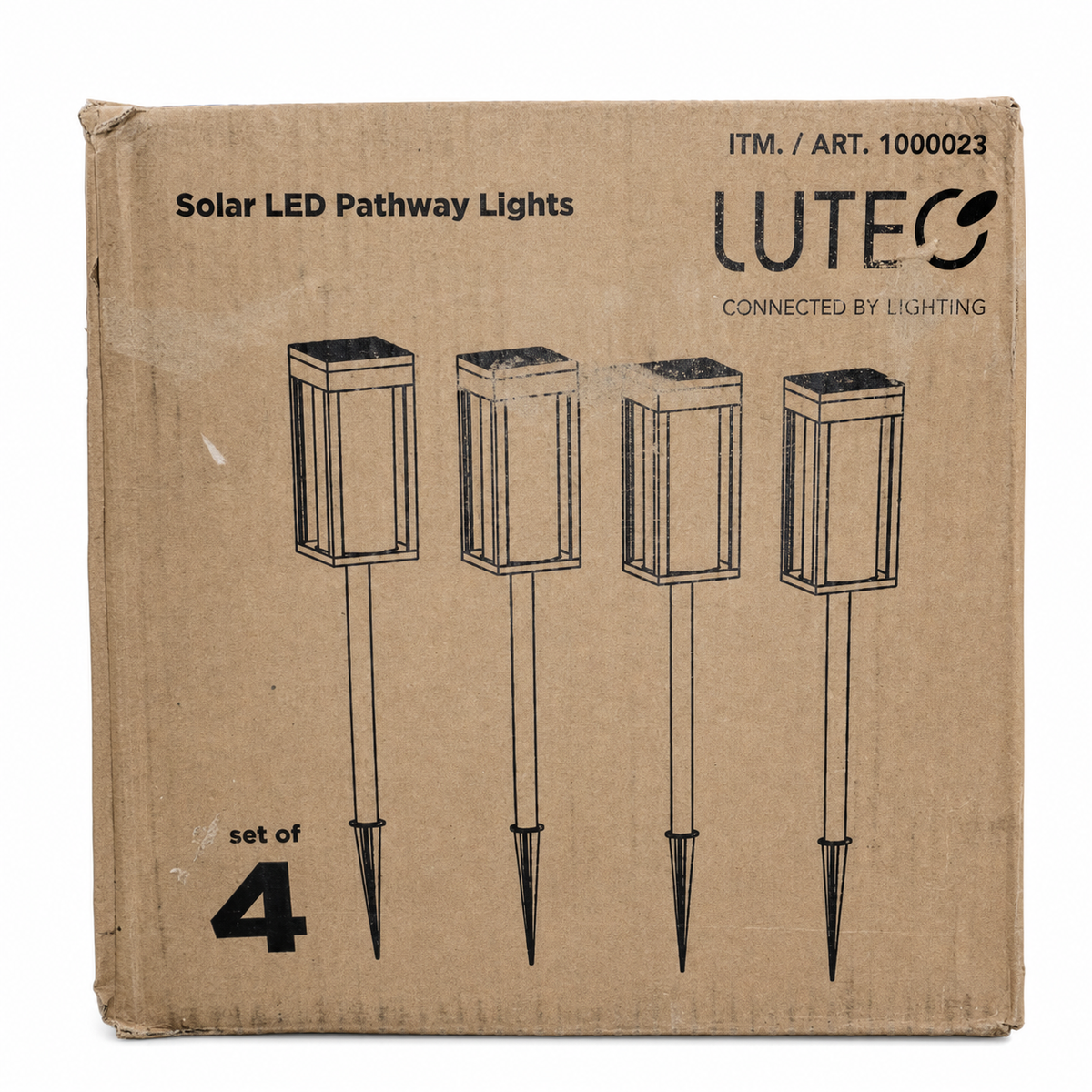 LUTEC Solar LED Pathway Lights four-pack item 1000023 in worn brown retail carton