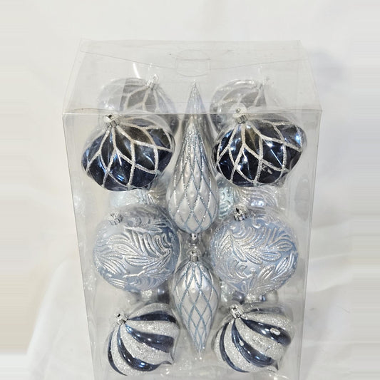 Holiday Living 16-count blue and silver ornament set, back