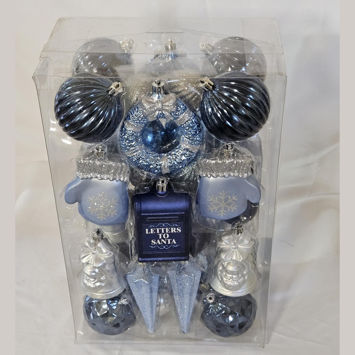 Holiday Living 42 count ornament set blue and silver, back view with Letters to Santa mailbox