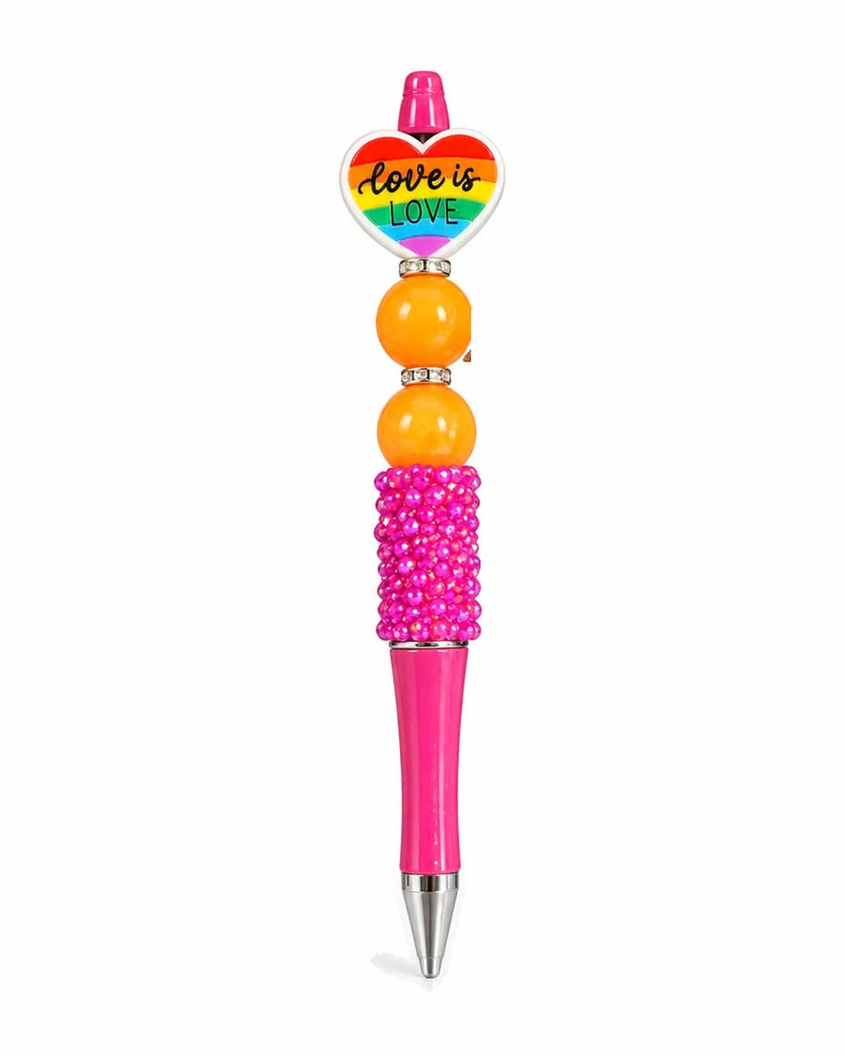 Rainbow love is love heart beaded pen with hot pink barrel