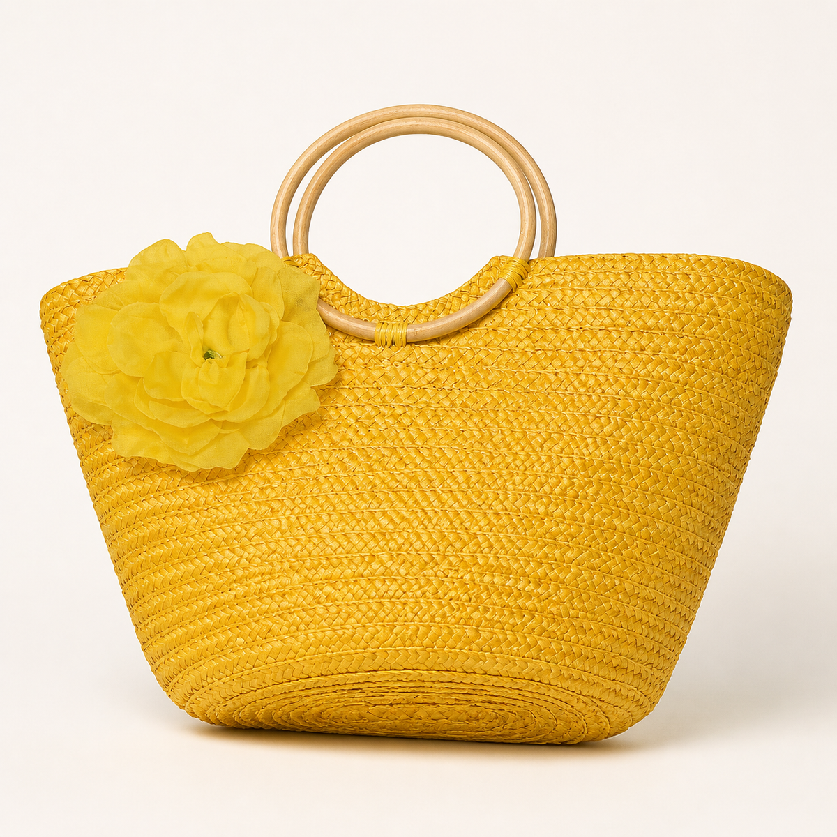 Yellow woven basket tote with round natural-look handles and oversized yellow flower