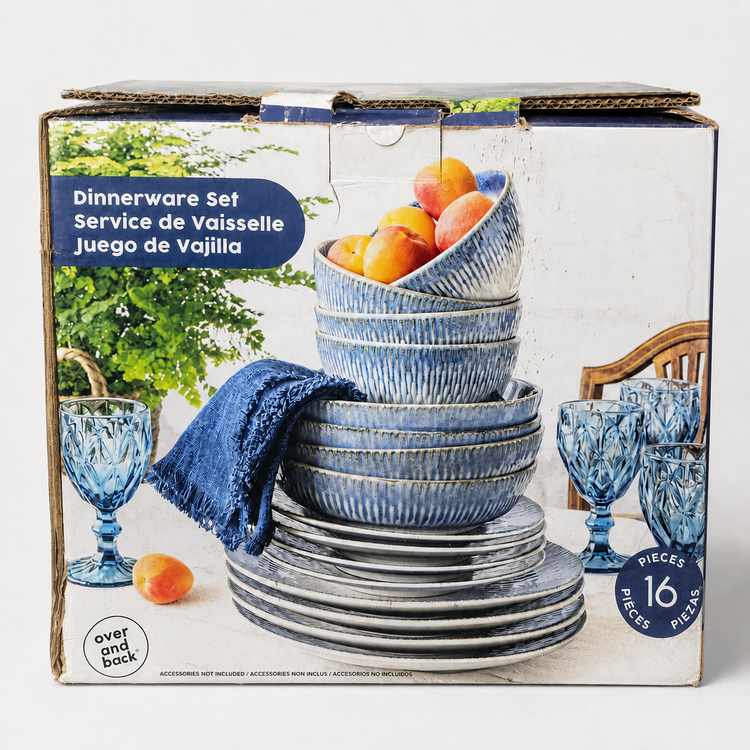 Home Goods collection featuring blue dinnerware