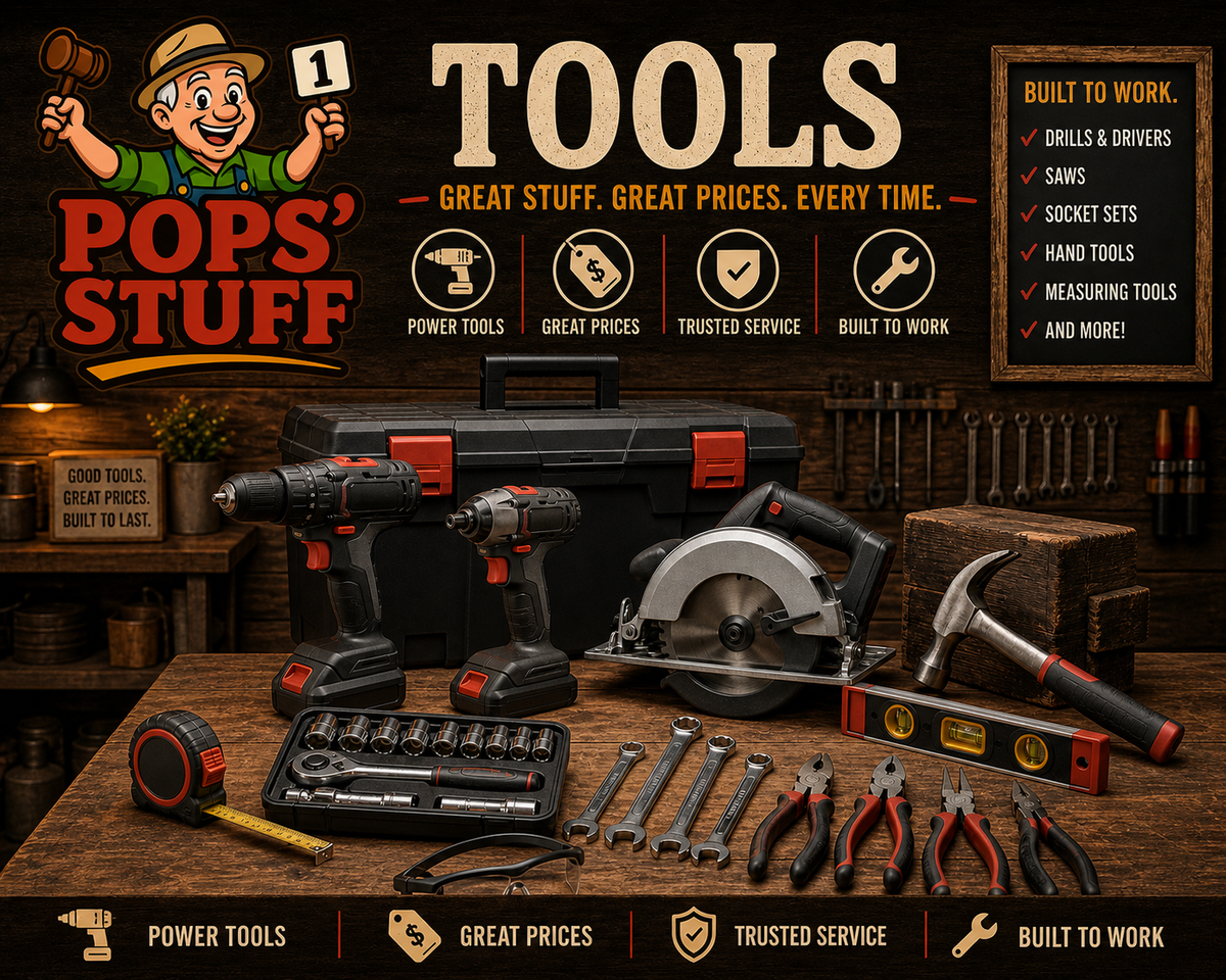 Pops' Stuff Tools collection — power tools, hand tools, saws and socket sets