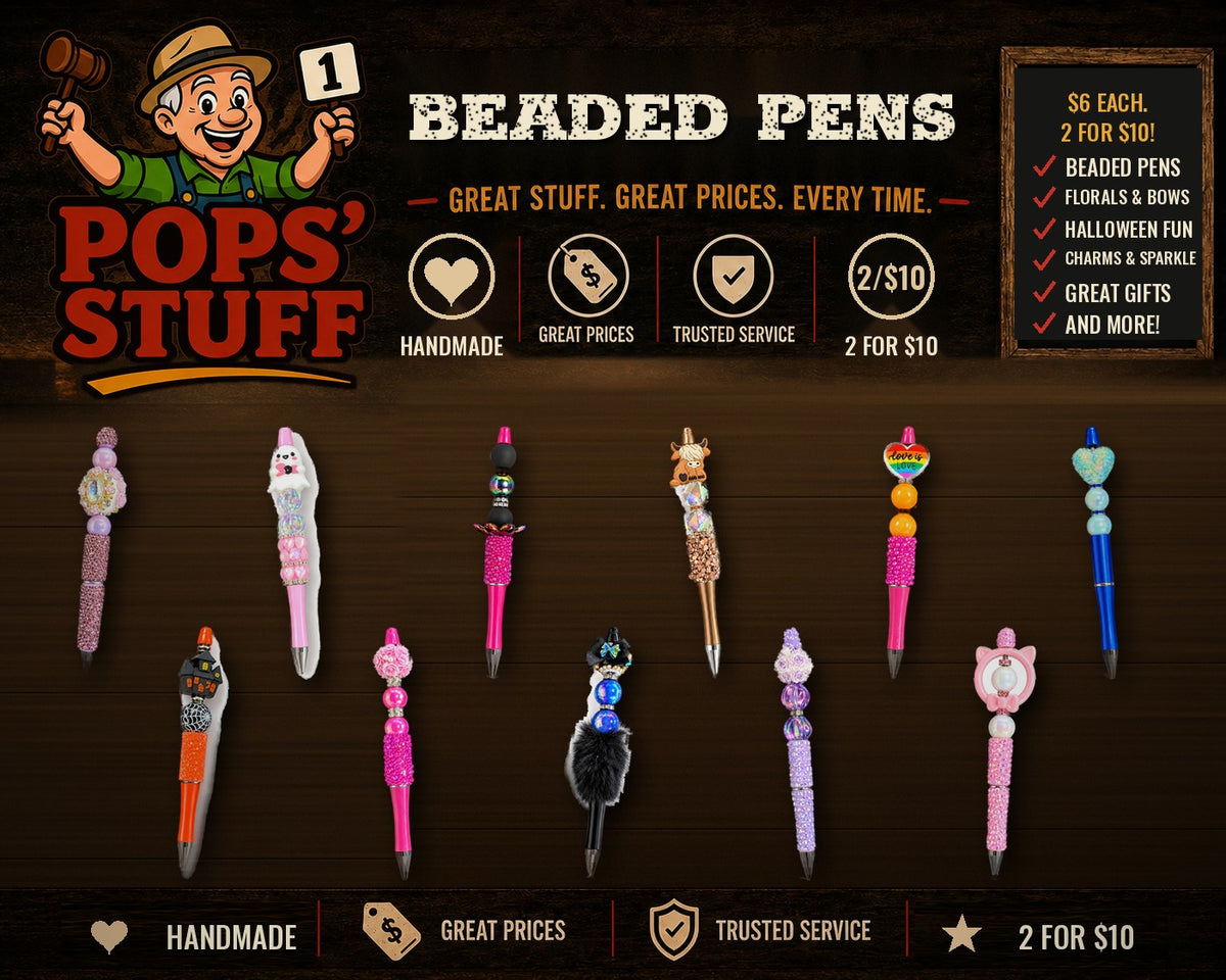 Handmade beaded pens at Pops' Stuff