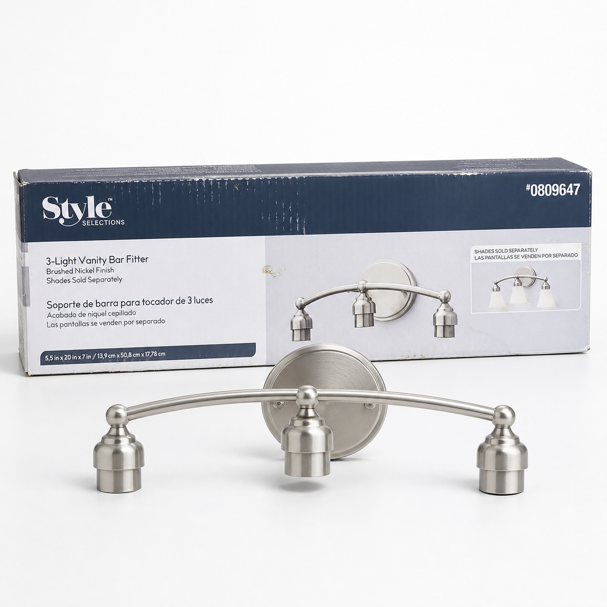 Style Selections three-light brushed-nickel vanity bar fitter, item 0809647