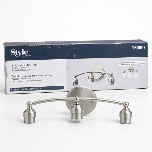 Style Selections three-light brushed-nickel vanity bar fitter, item 0809647