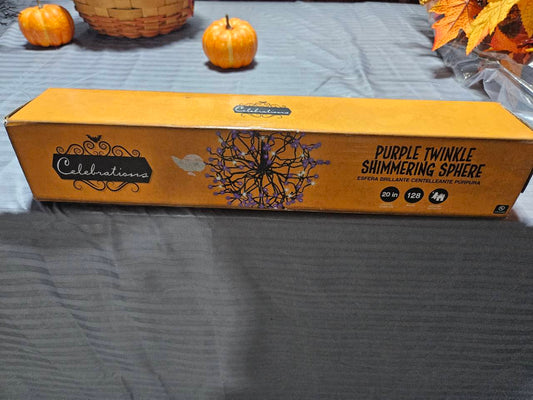 Front of the Celebrations Purple Twinkle Shimmering Sphere box showing the 20-inch size and 128-light design.