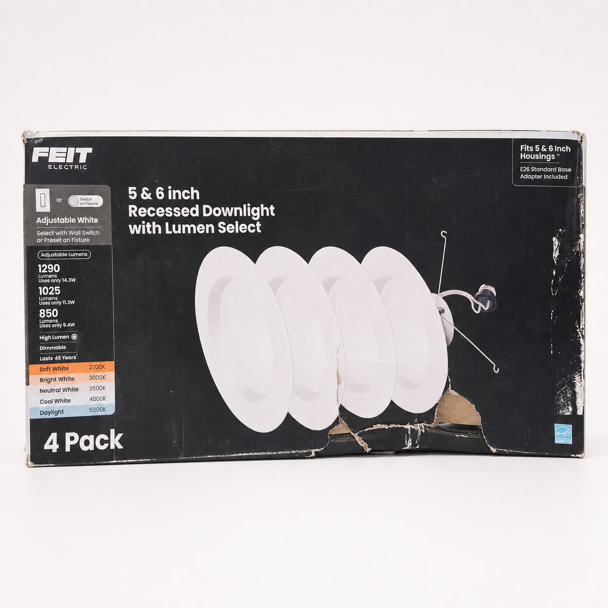 FEIT Electric five- and six-inch lumen-select adjustable-white recessed downlight four-pack