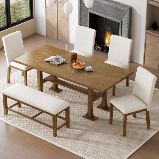 Farmhouse 76inch 6-Piece Extendable Dining Table Set Trestle Kitchen Table Set