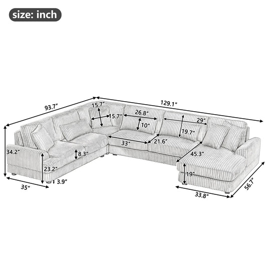 Gray Corduroy 129-Inch U-Shaped 5-Seat Sectional Sofa