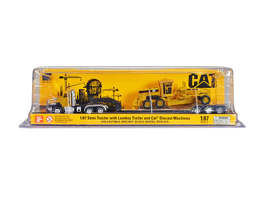 CAT Caterpillar CT660 Day Cab Tractor Yellow with Lowboy Trailer and CAT 163H Motor Grader Yellow 1/87 (HO) Diecast Model by Diecast Masters