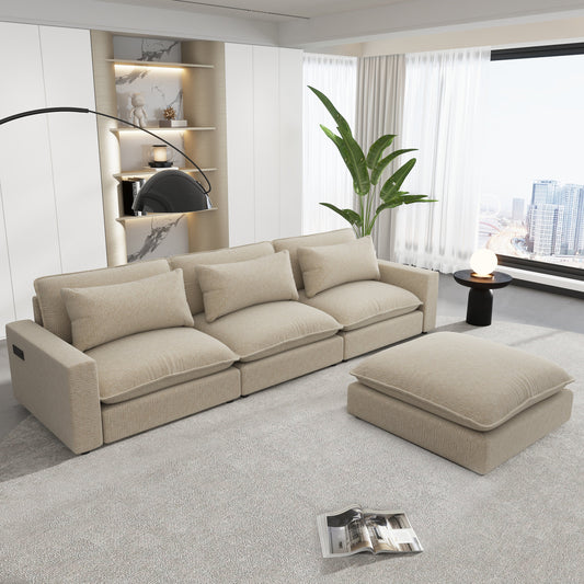Beige Chenille 4-Seat Sectional Sofa with Ottoman & USB – 128 in