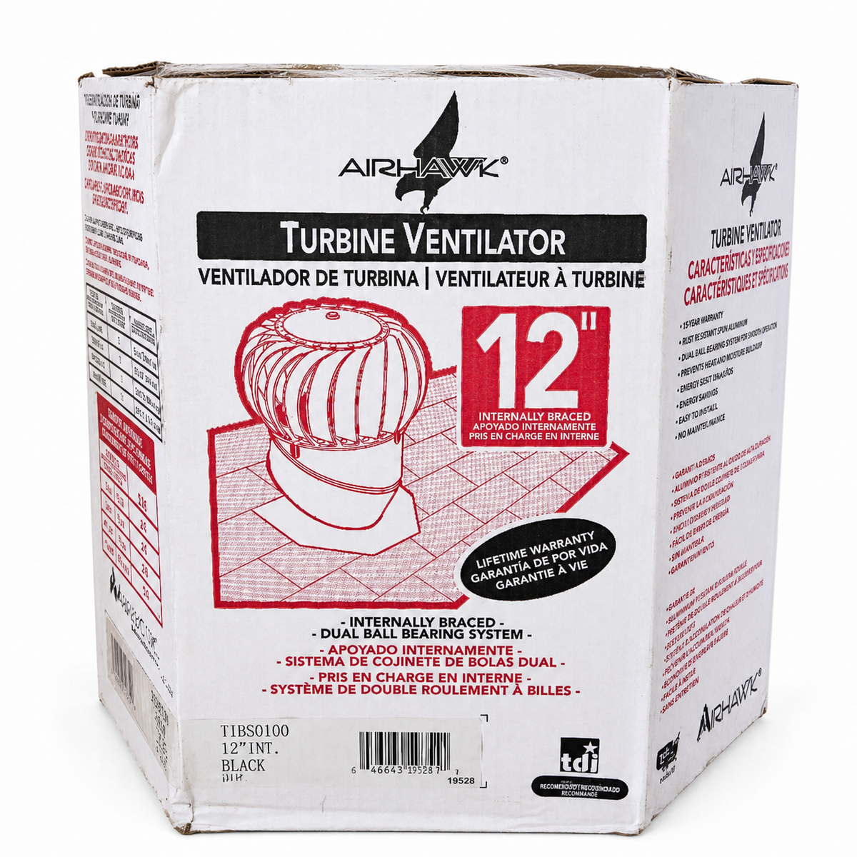 Airhawk TIBS0100 12-inch black turbine roof ventilator retail box with visible warehouse wear