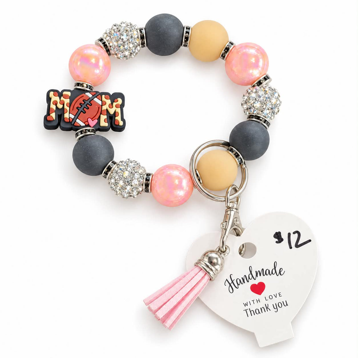 Football mom beaded wristlet keychain bracelet with pink tassel