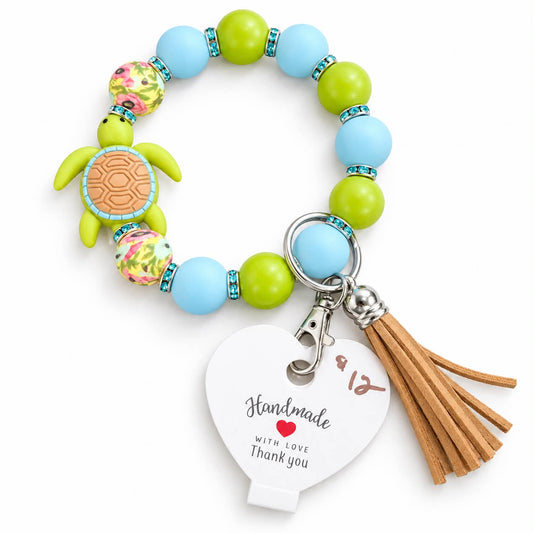 Sea turtle beaded wristlet keychain bracelet in blue and lime