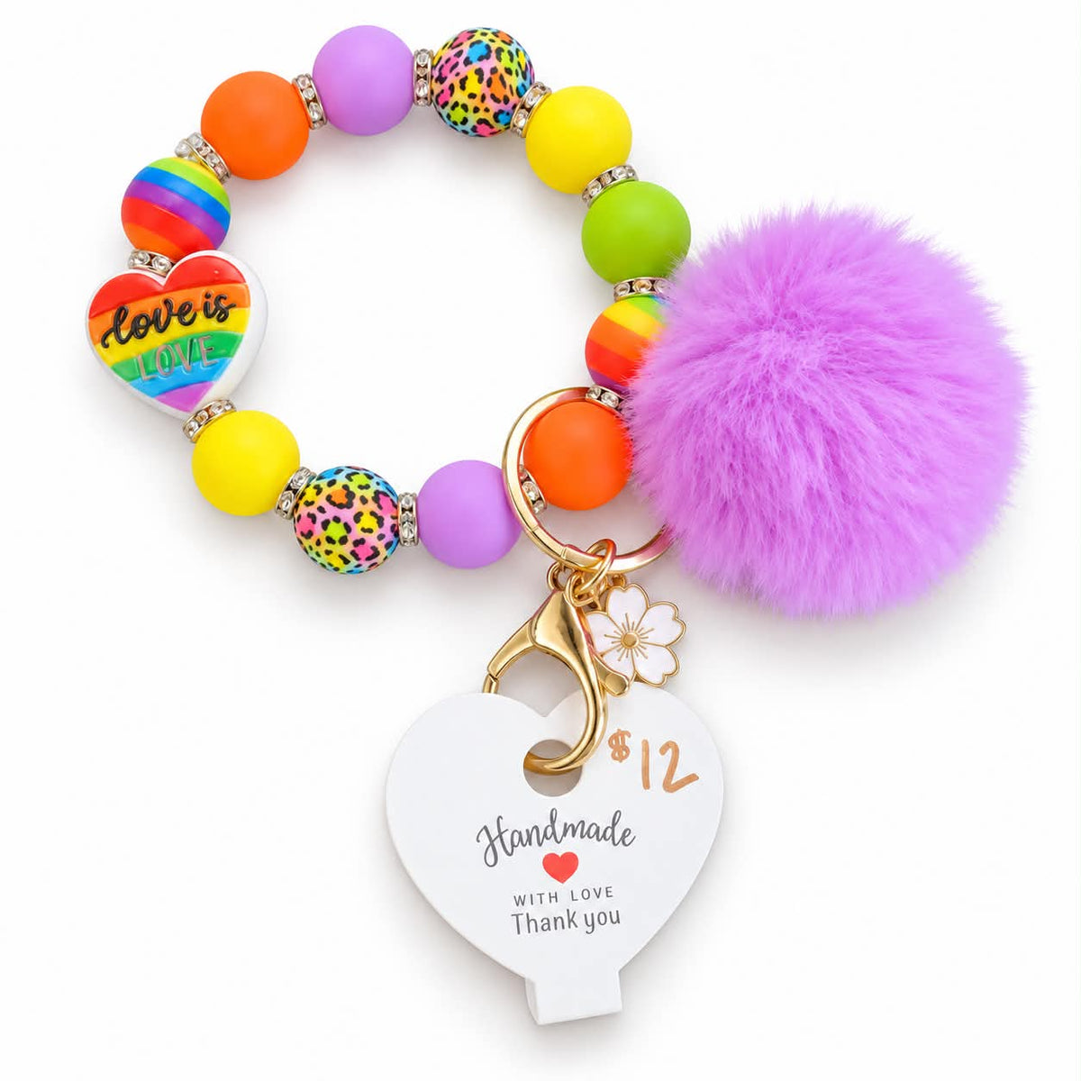 Rainbow love is love beaded wristlet keychain bracelet with purple pom pom