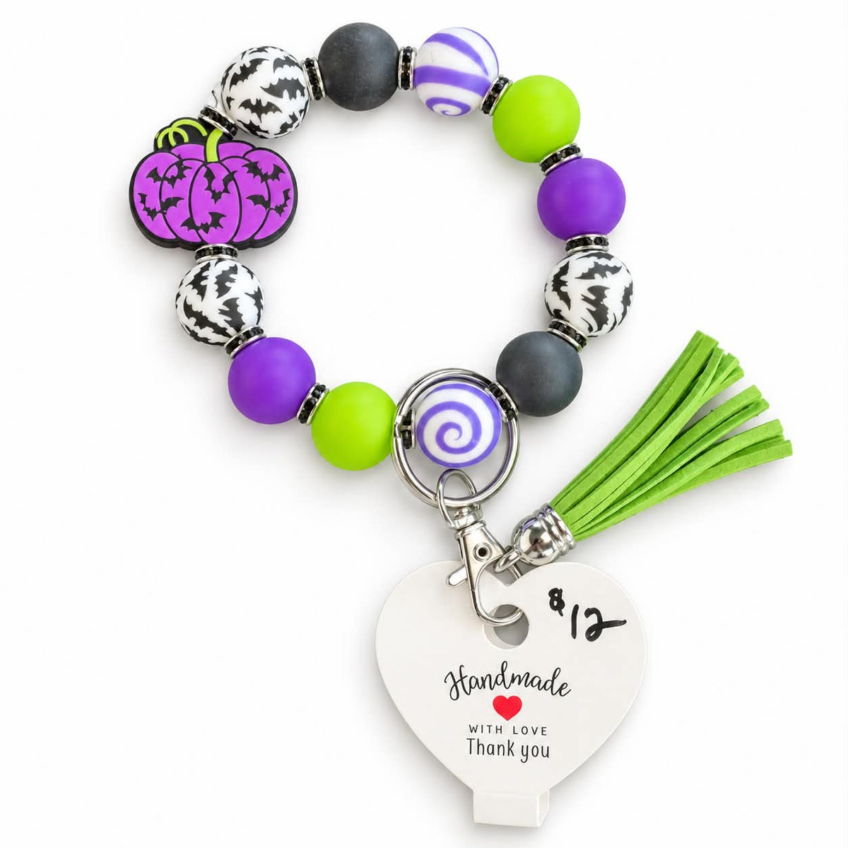 Purple pumpkin Halloween beaded wristlet keychain bracelet with green tassel