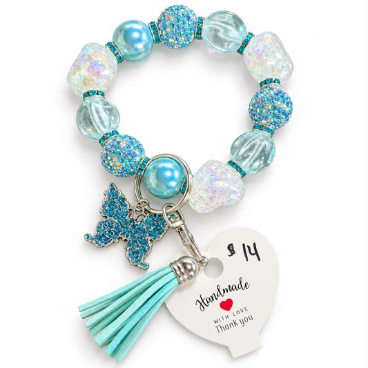 Blue butterfly sparkle beaded wristlet keychain bracelet with teal tassel