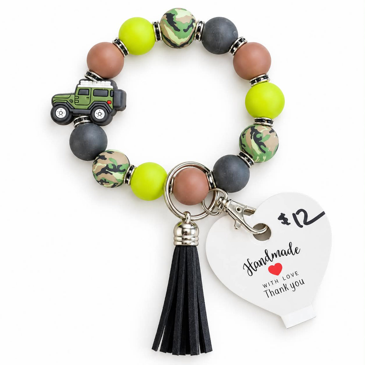 Camo off-road SUV beaded wristlet keychain bracelet with black tassel