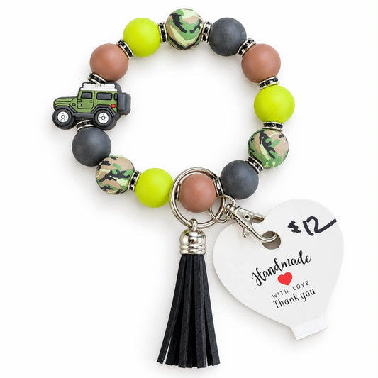 Camo off-road SUV beaded wristlet keychain bracelet with black tassel