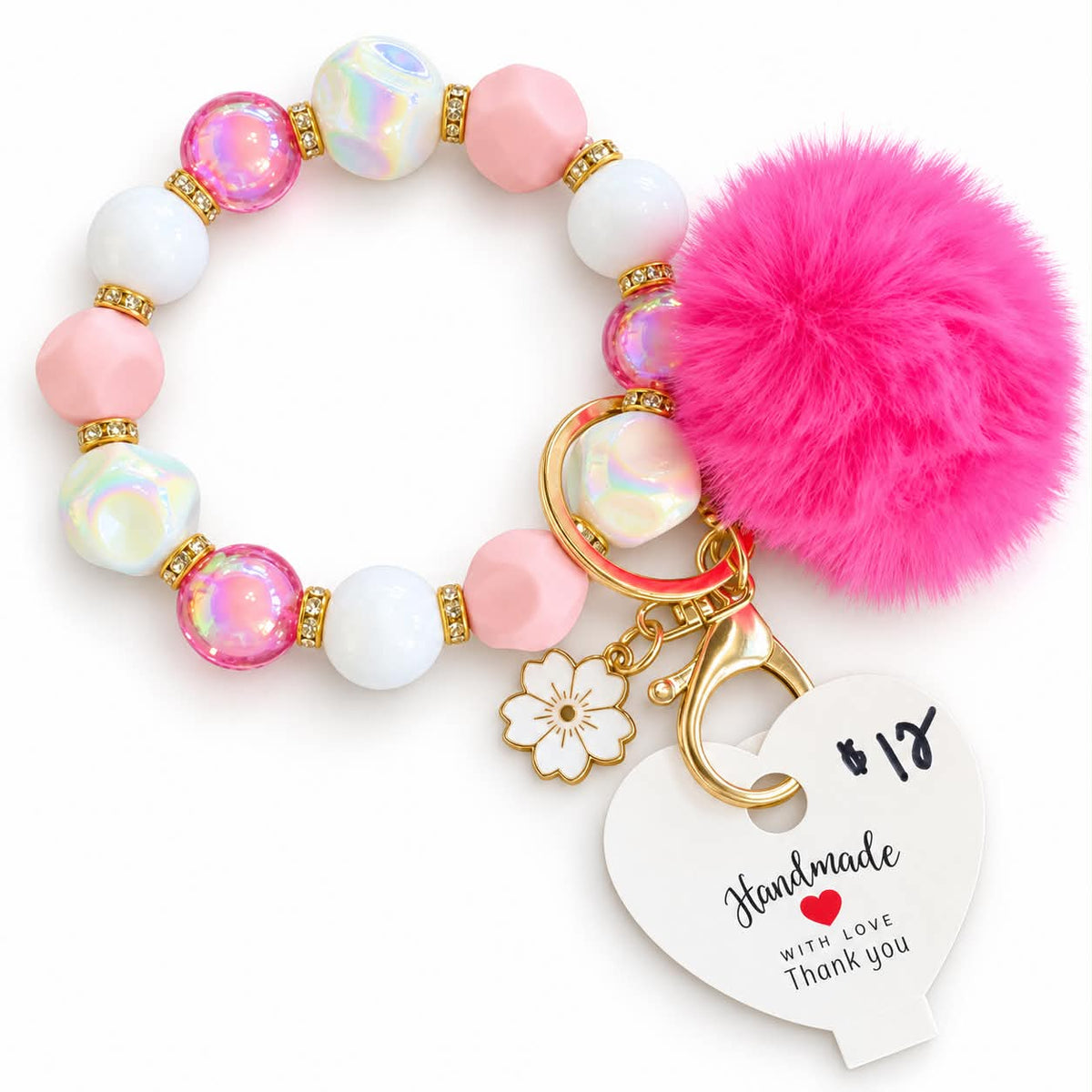 Hot pink pearl beaded wristlet keychain bracelet with fluffy pom pom