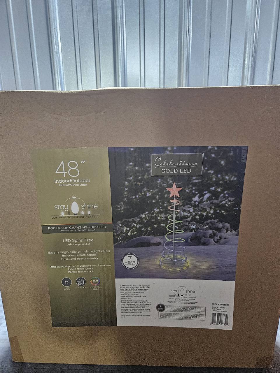 Actual box of the Celebrations 48-inch RGB color-changing LED spiral tree, Ace item 9081024.