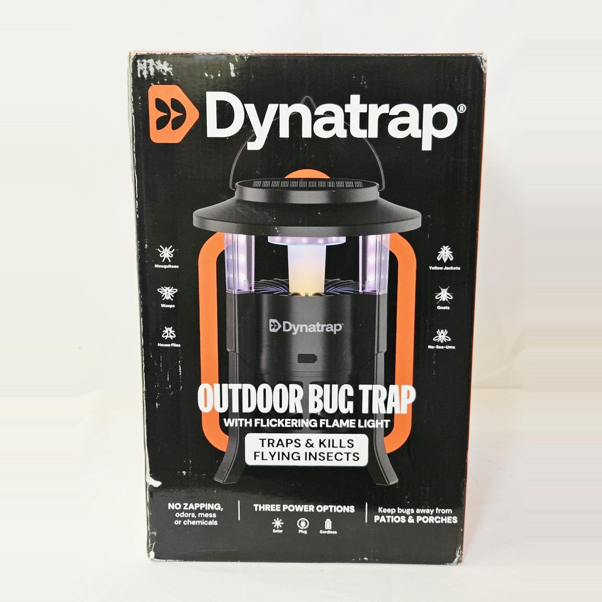 Dynatrap outdoor bug trap with flickering flame light, box front