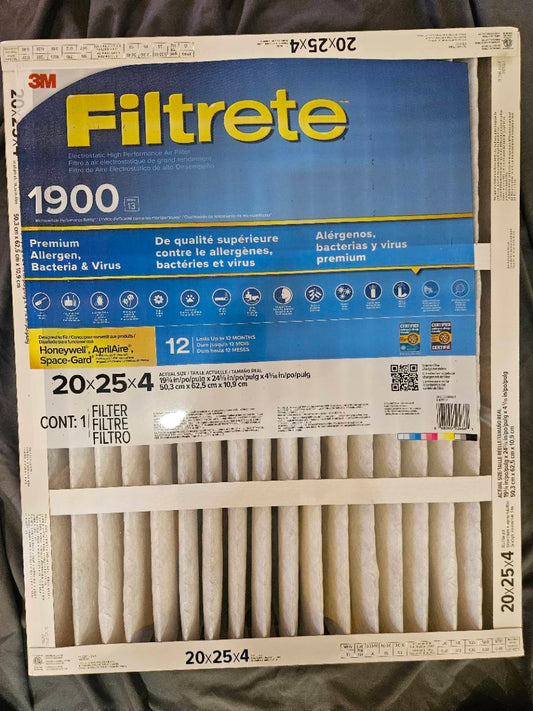 Actual new Filtrete MPR 1900 20x25x4 filter packaging view 1