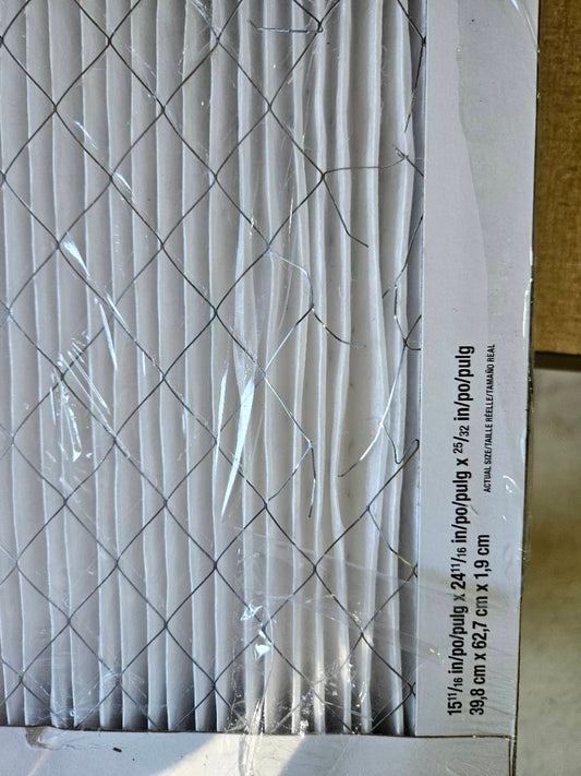 Close-up of minor damage to one unused filter, including bent support mesh and creased pleats