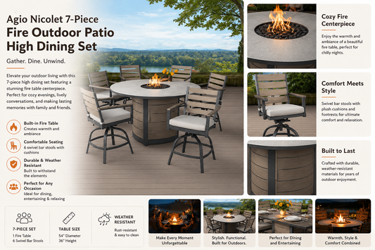 Agio Nicolet 7-Piece Fire Outdoor Patio High Dining Set