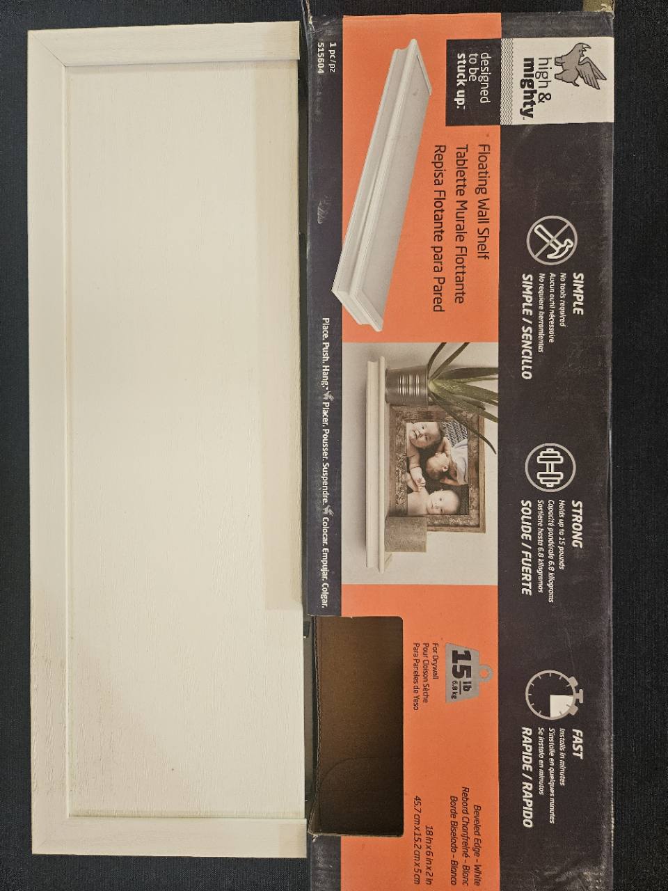 High & Mighty 18-inch white floating shelf and retail package, actual item
