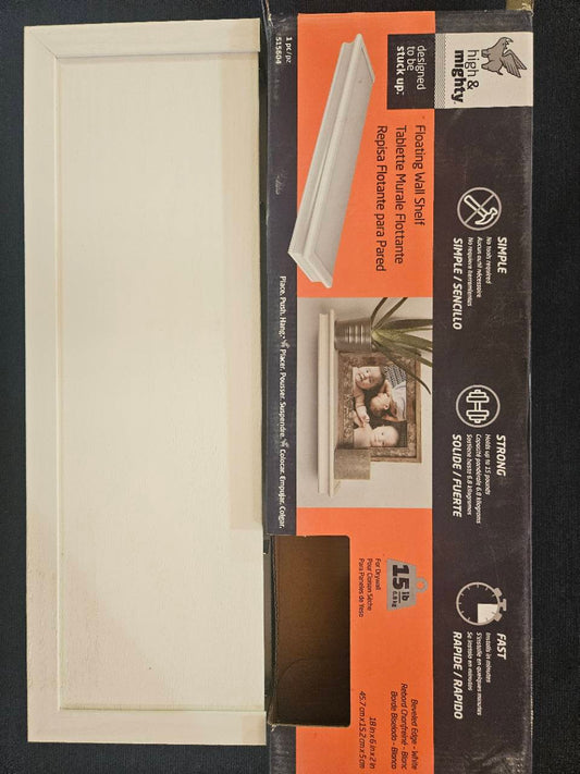 High & Mighty 18-inch white floating shelf and retail package, actual item