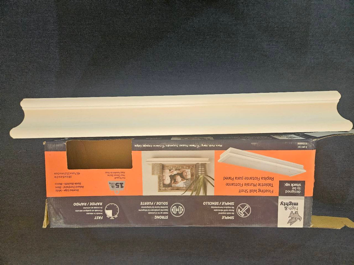 High & Mighty white floating shelf side profile, actual item