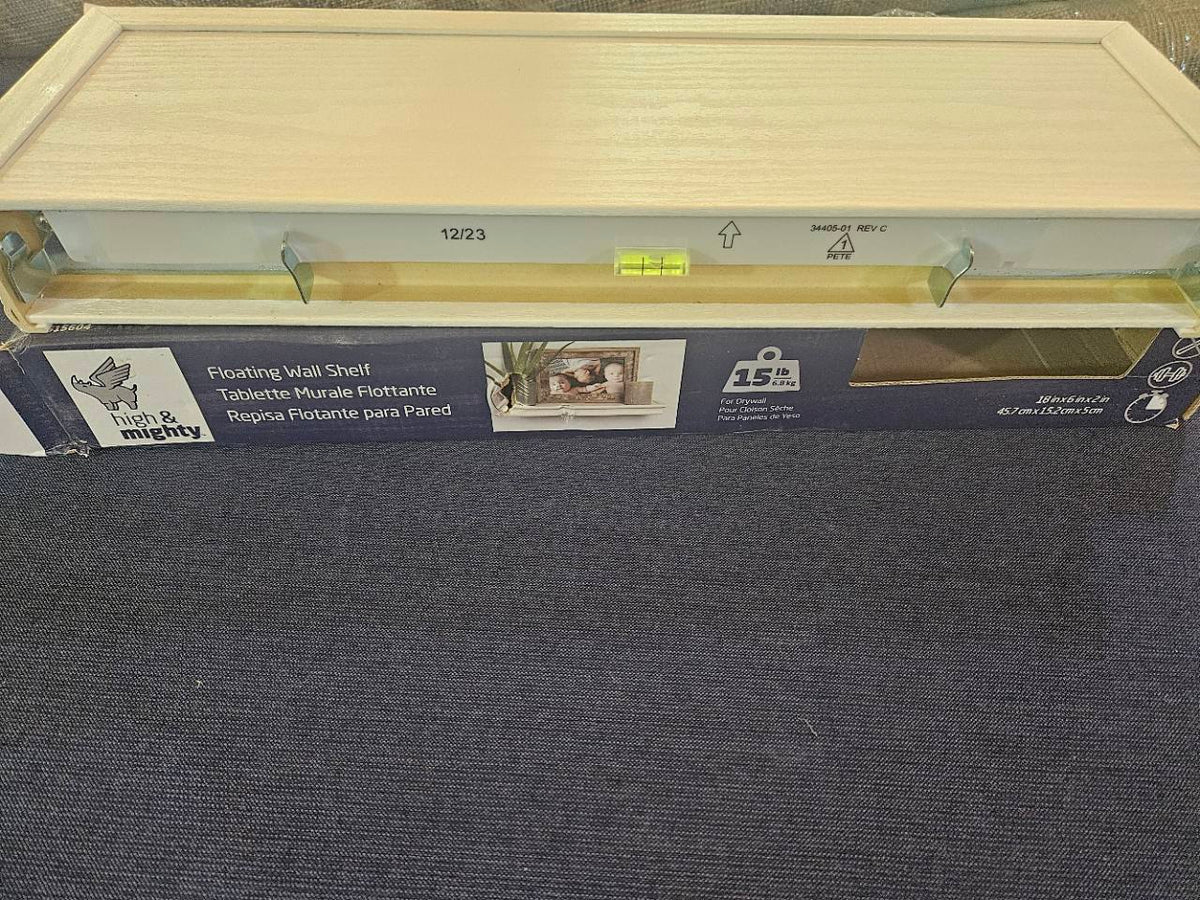 High & Mighty floating shelf mounting rail and level, actual item