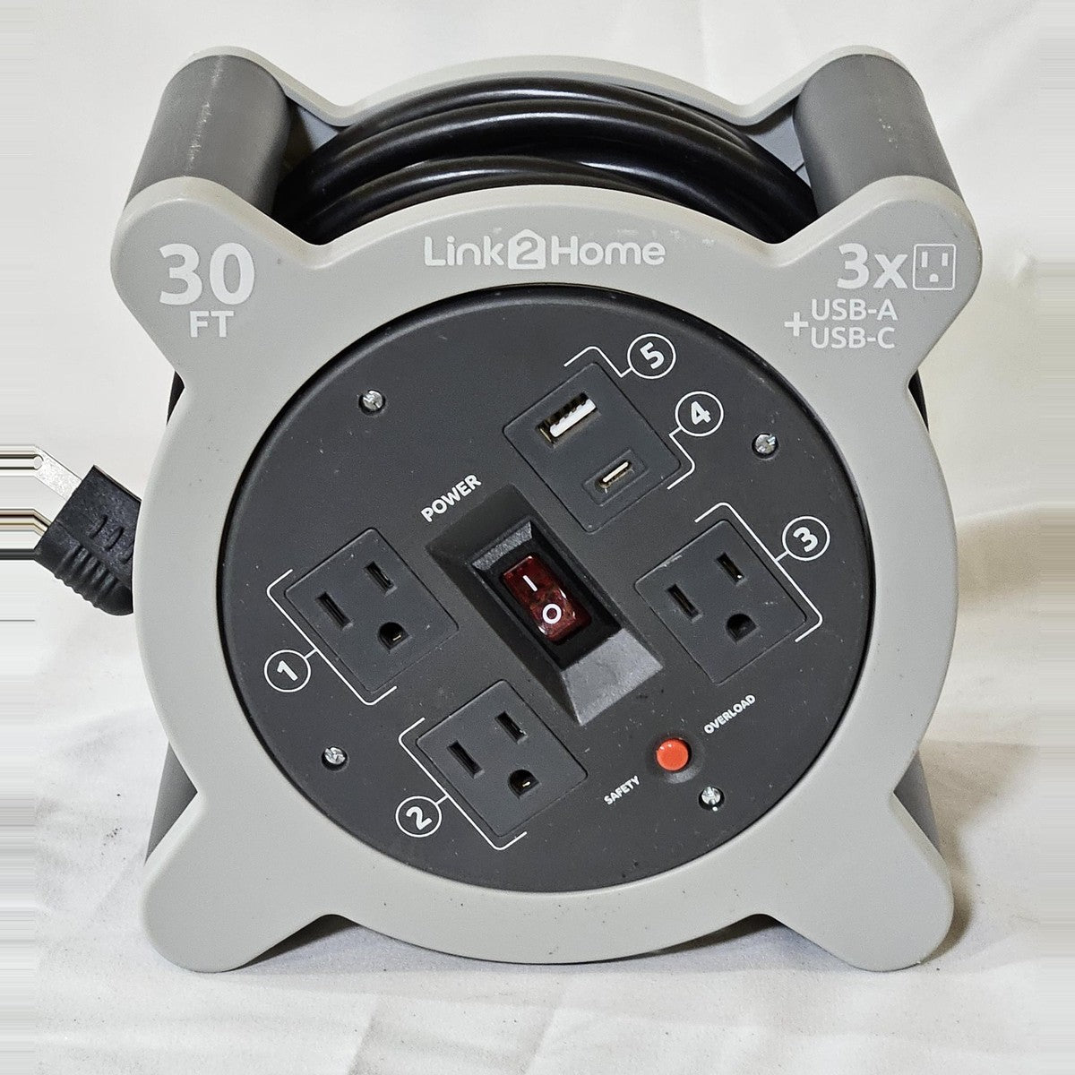 Link2Home 30 ft cord reel front with 3 outlets, USB-A and USB-C