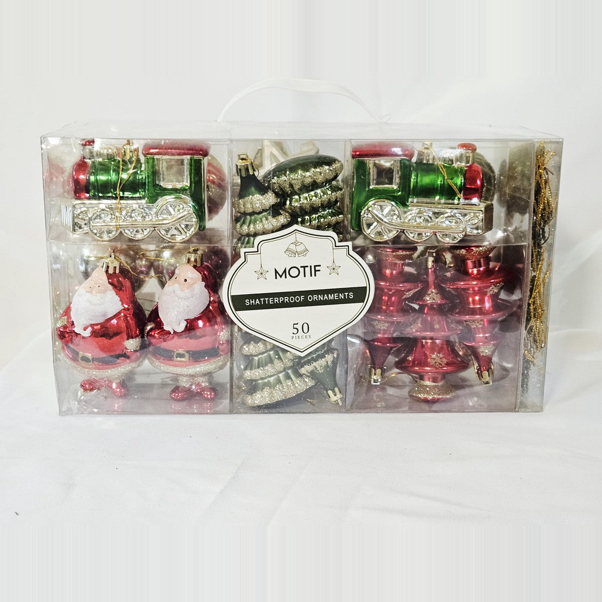 Motif 50-piece shatterproof Christmas ornament set, front