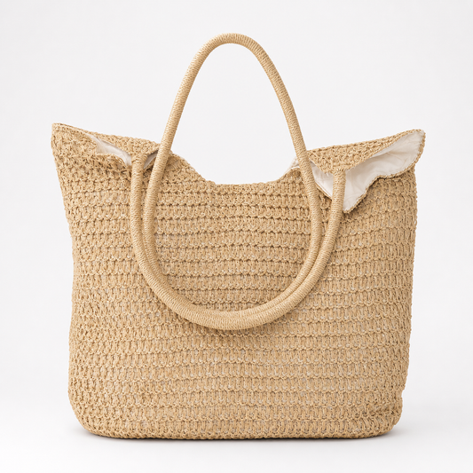 Natural beige open-weave tote bag with wrapped rope-style handles and light fabric lining