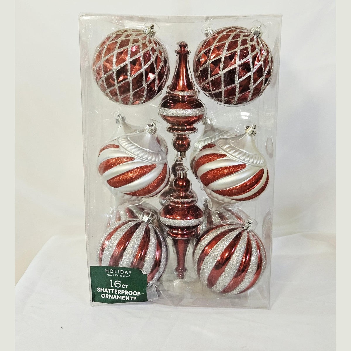 Holiday Living 16 count shatterproof ornaments red and silver, front