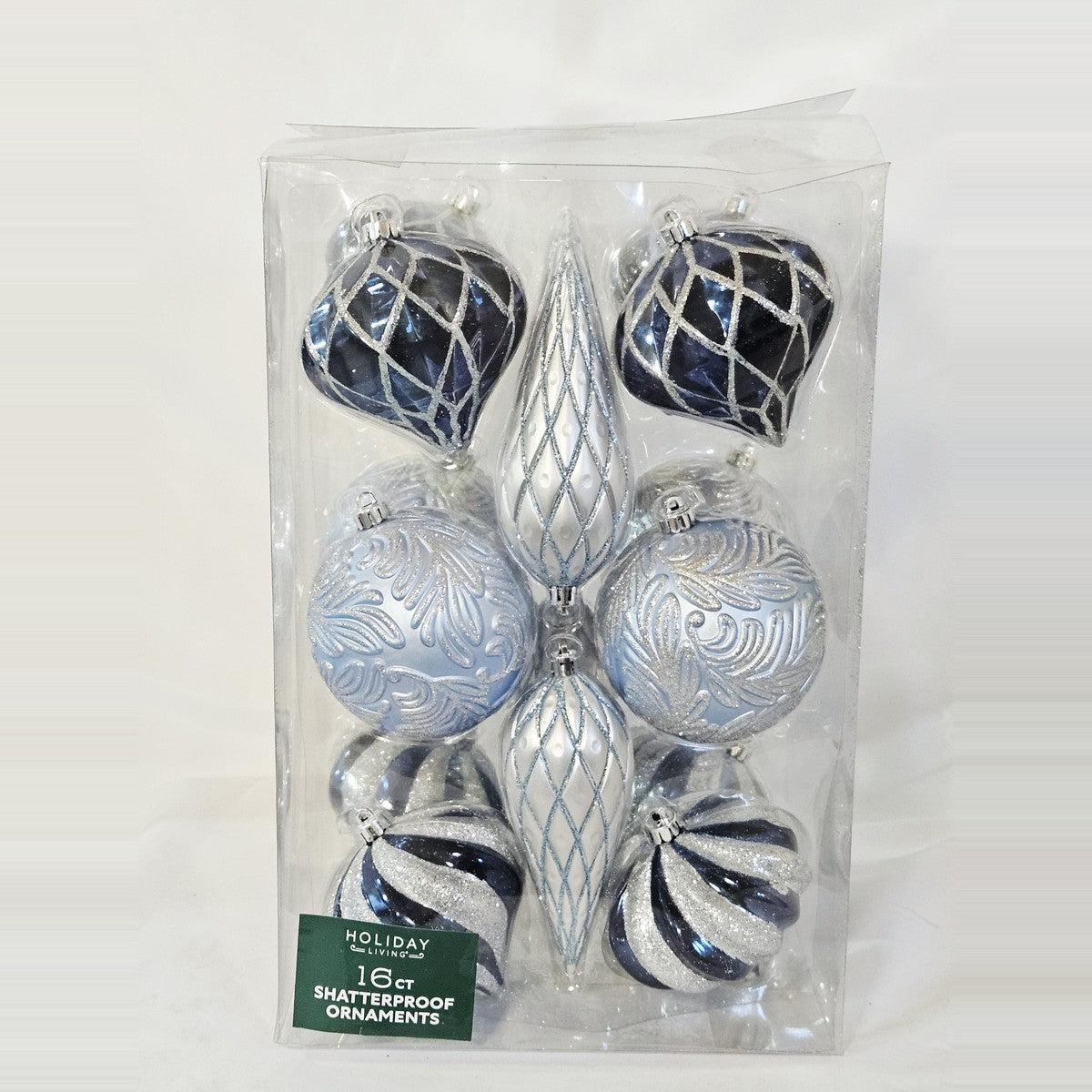 Holiday Living 16-count blue and silver lattice and leaf ornament set, front