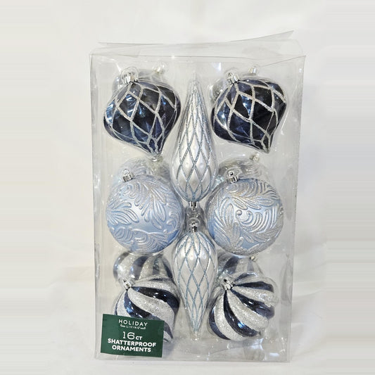Holiday Living 16-count blue and silver lattice and leaf ornament set, front