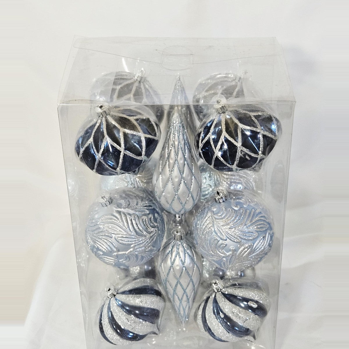 Holiday Living 16-count blue and silver ornament set, back