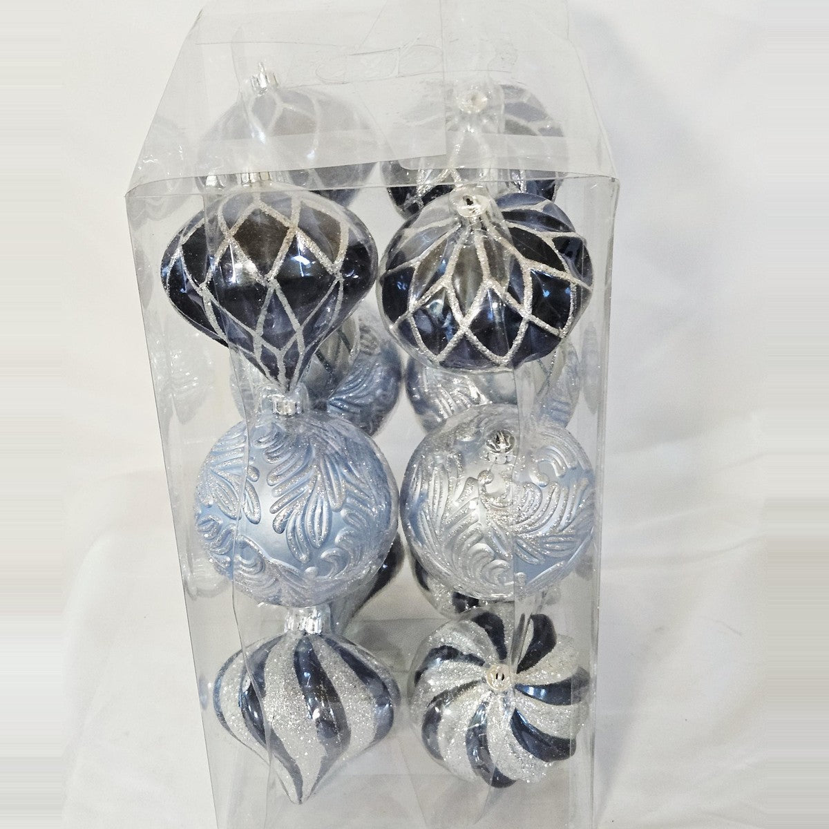 Holiday Living 16-count blue and silver ornament set, side view