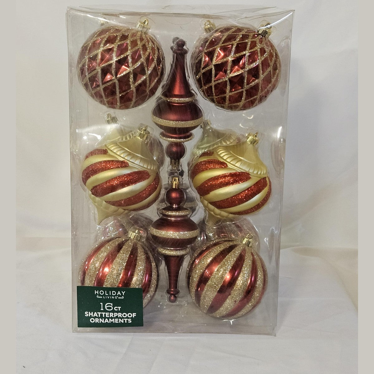 Holiday Living 16 count shatterproof ornaments red and gold, front