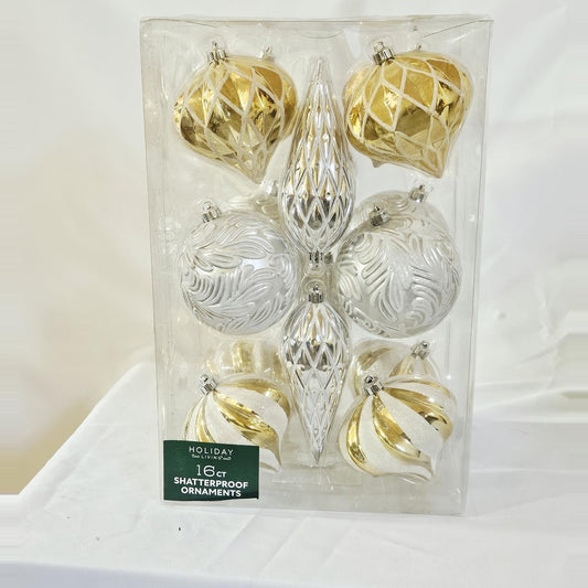 Holiday Living 16-count gold and silver lattice and leaf ornament set, front