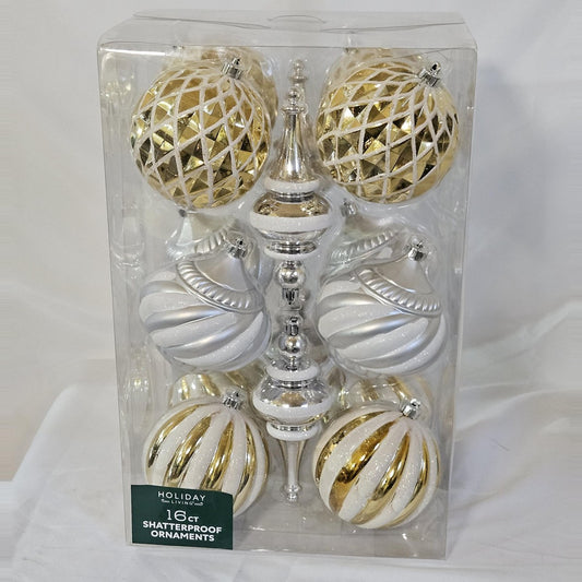 Holiday Living 16-count gold, silver and white shatterproof ornament set, front