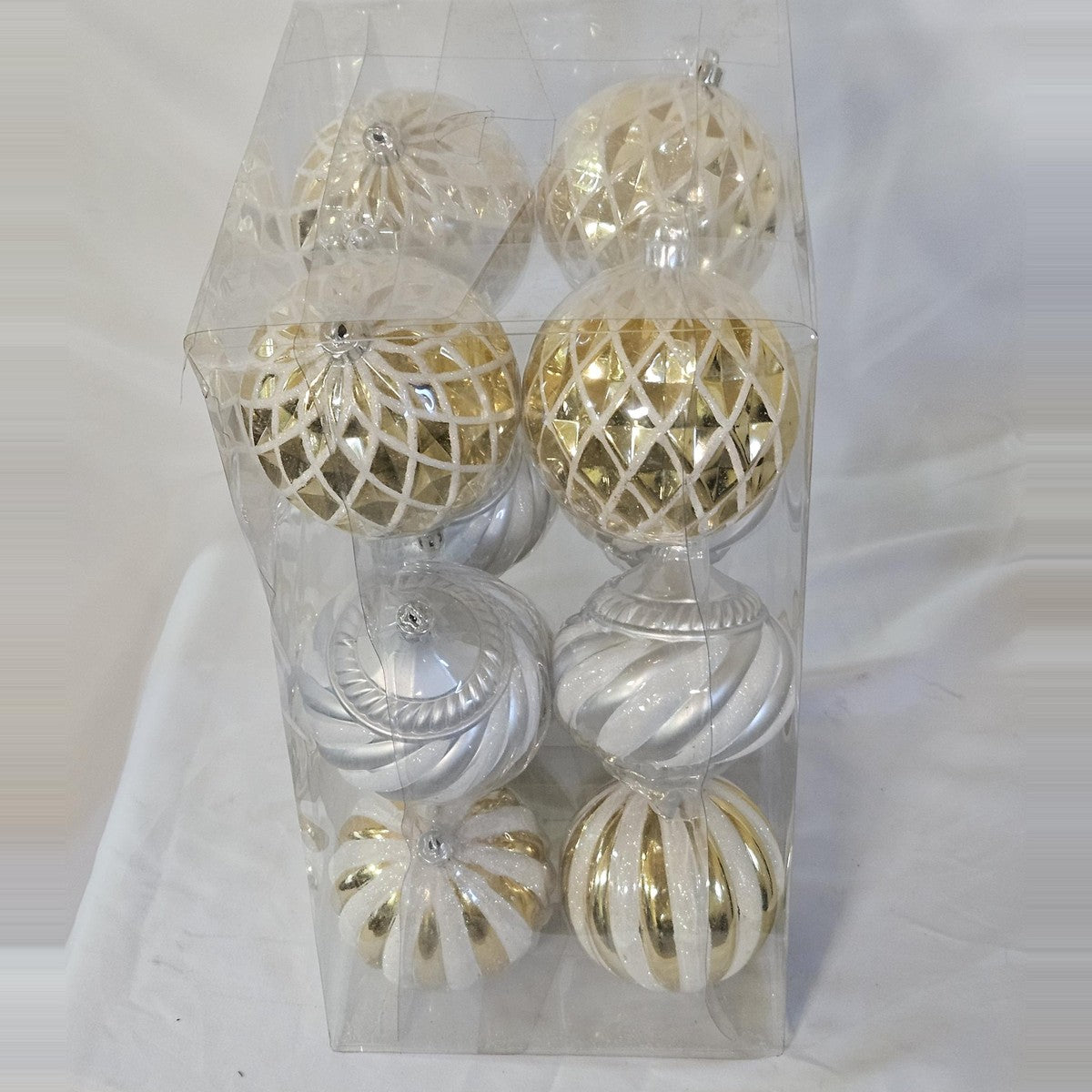 Holiday Living 16-count gold, silver and white ornament set, side view