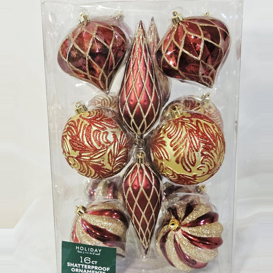 Holiday Living 16-count red and gold lattice and leaf ornament set, front
