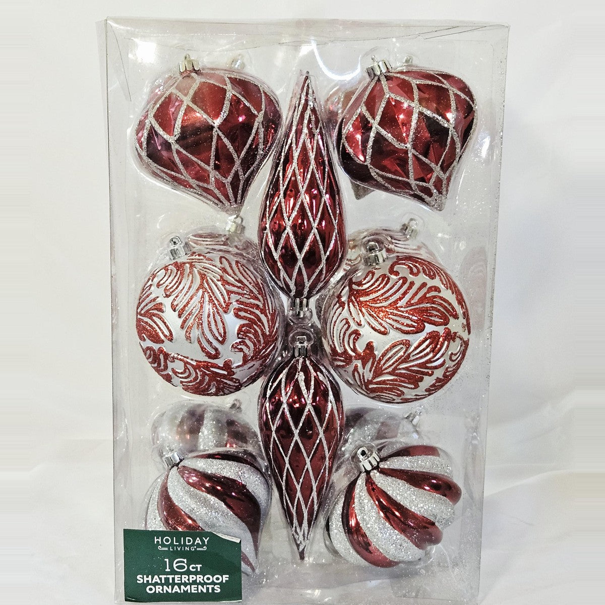 Holiday Living 16-count red and silver lattice and leaf ornament set, front